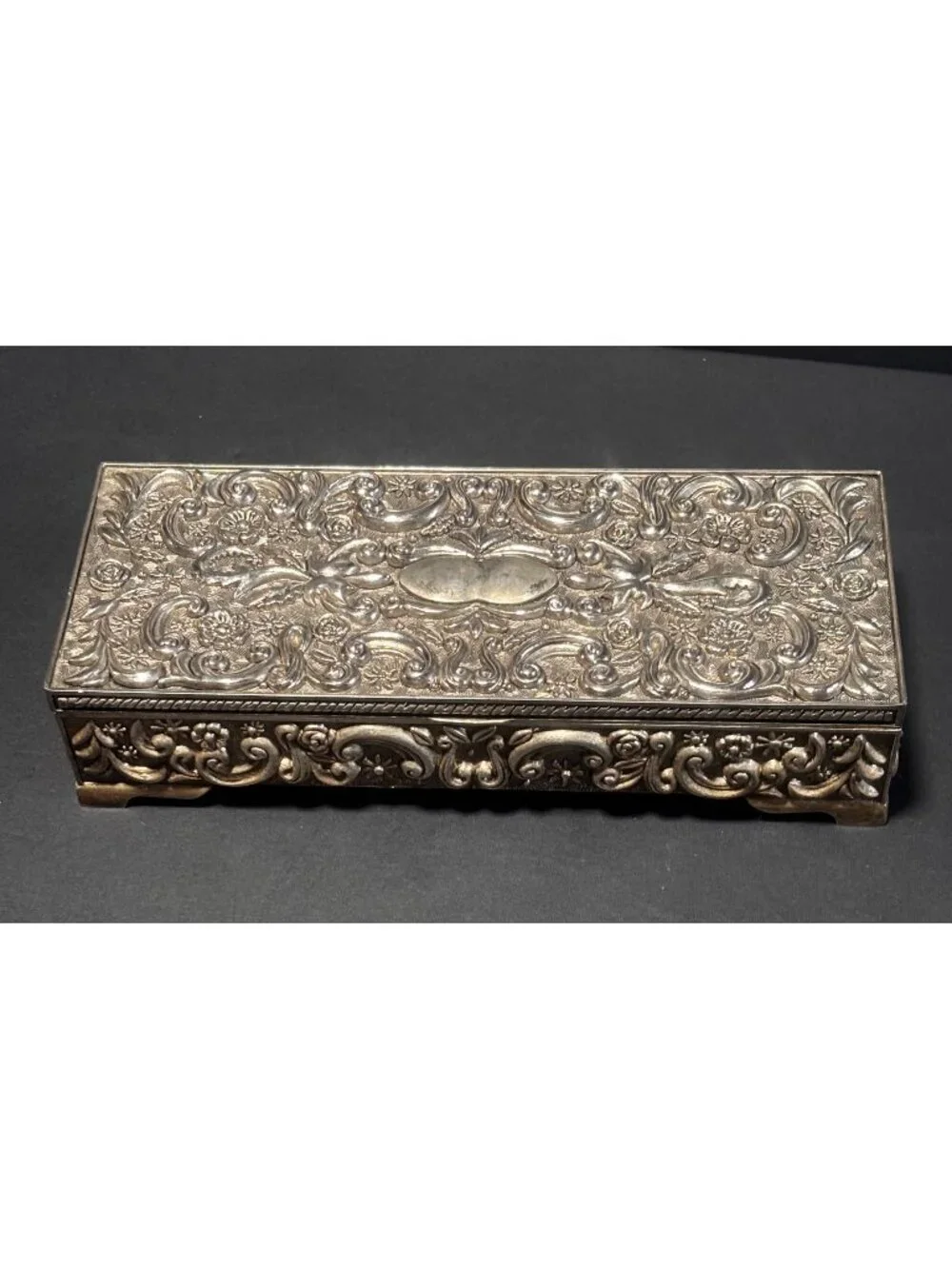 Godinger Silver 1992 Silverplate Jewelry Box Embossed Floral Vintage Decor